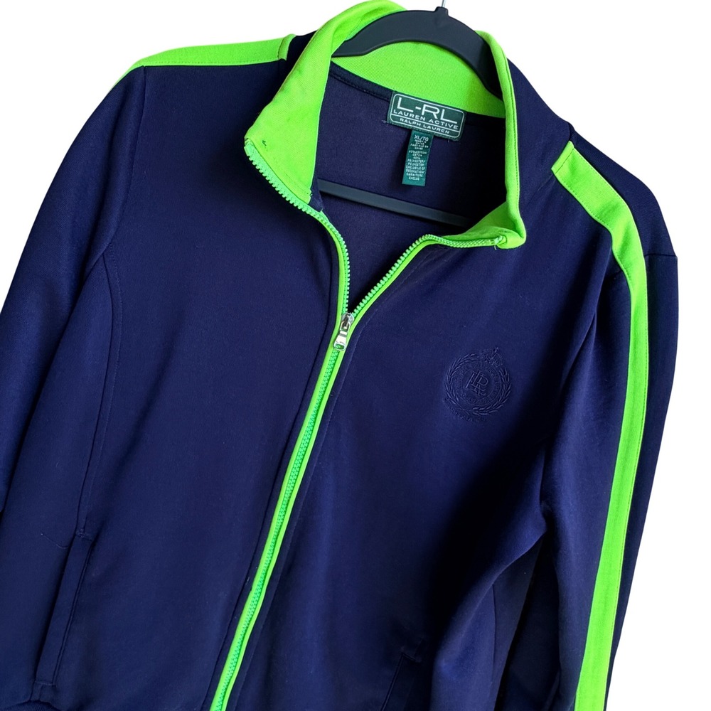 Lauren Ralph Lauren XL Active Navy Blue Lime Green Stripe Track Jacket Preppy
